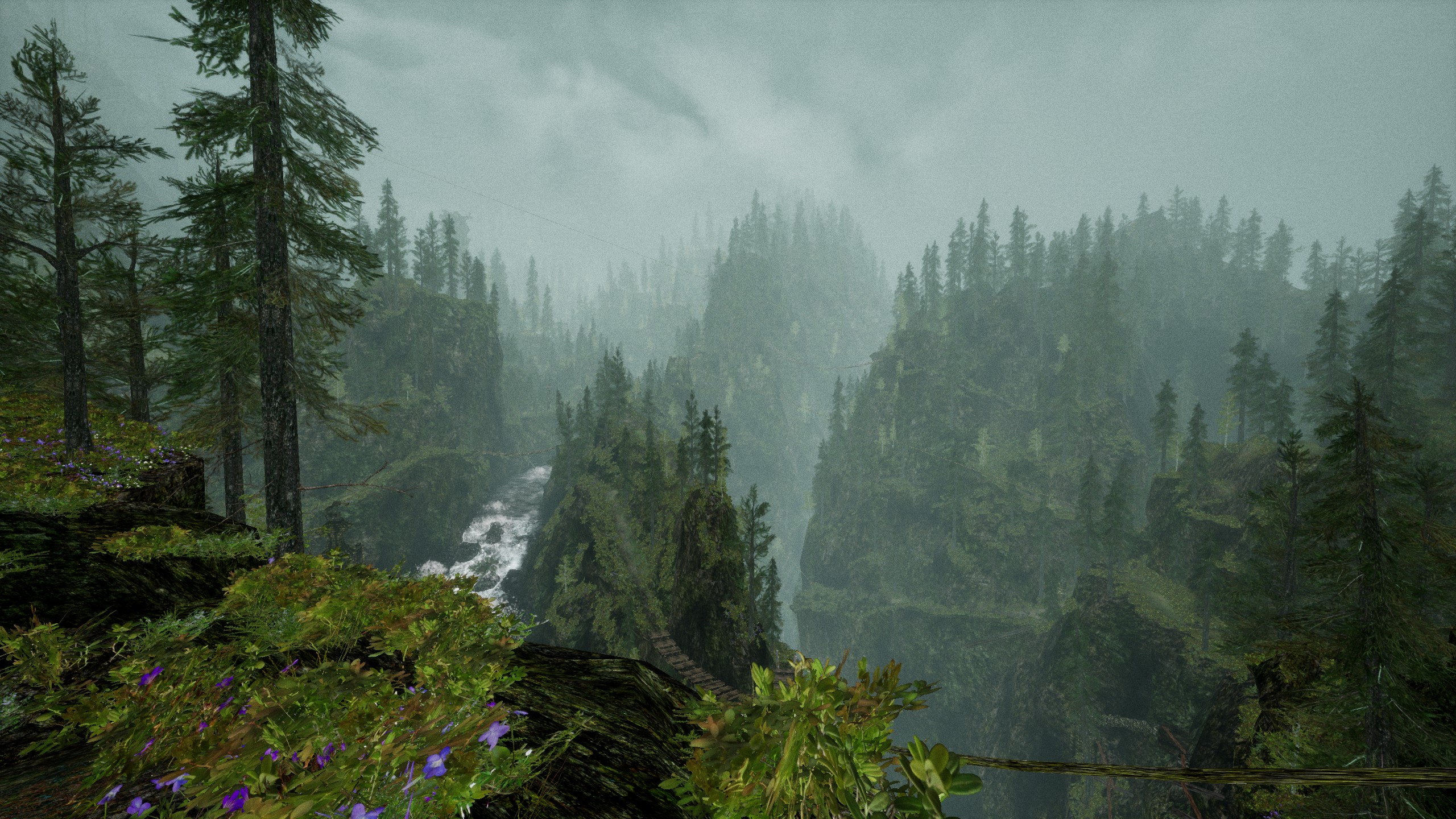 A view from a mountian peak overlooking a winding river deep bellow